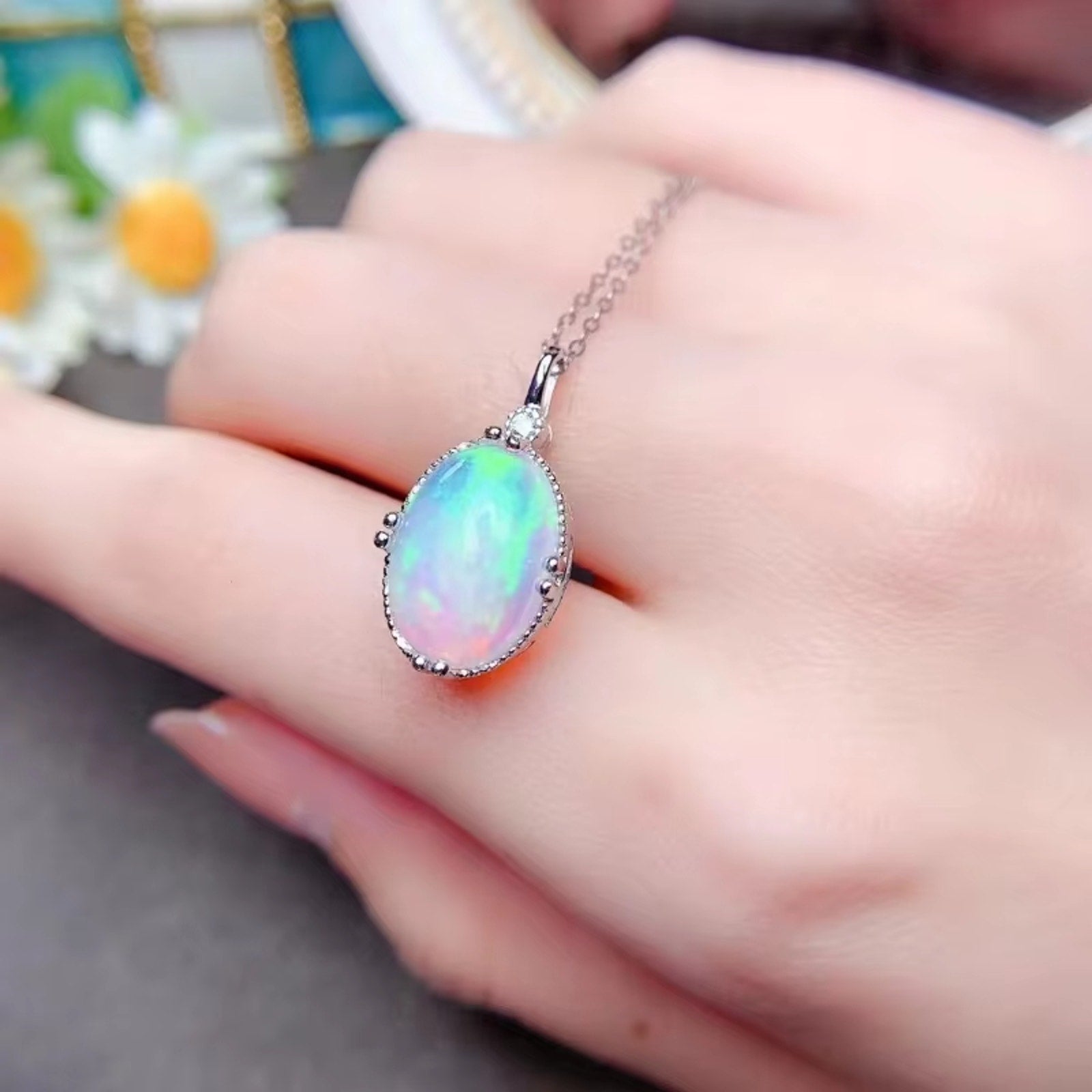 Large 10Ct White Opal Stone Pendant Droplet Fire Opal Necklace Sterling Silver