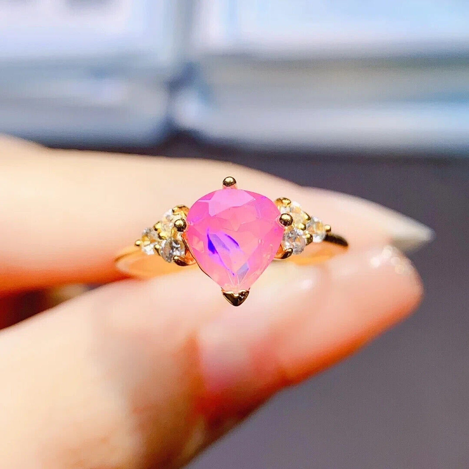 Pink Fire Opal Cluster Ring 7mm, Natural Pink Fire Opal Ring 925 Sterling