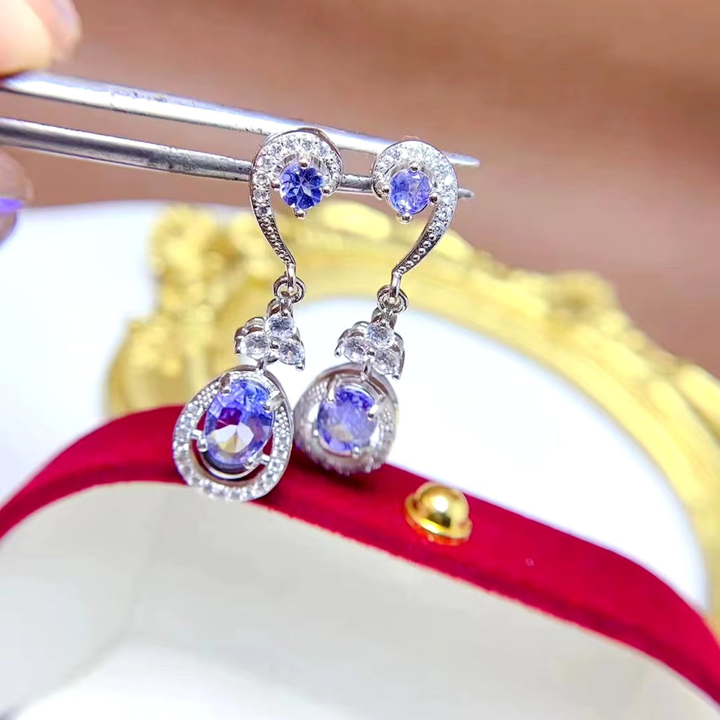 Natural Tanzanite Earrings, Purple Tanzanite Statement Earrings Sterling Silver