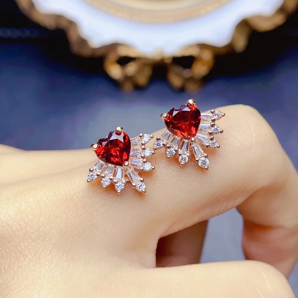 Red Garnet Heart Earrings, Garnet Earrings 925 Sterling Silver, Heart Earrings