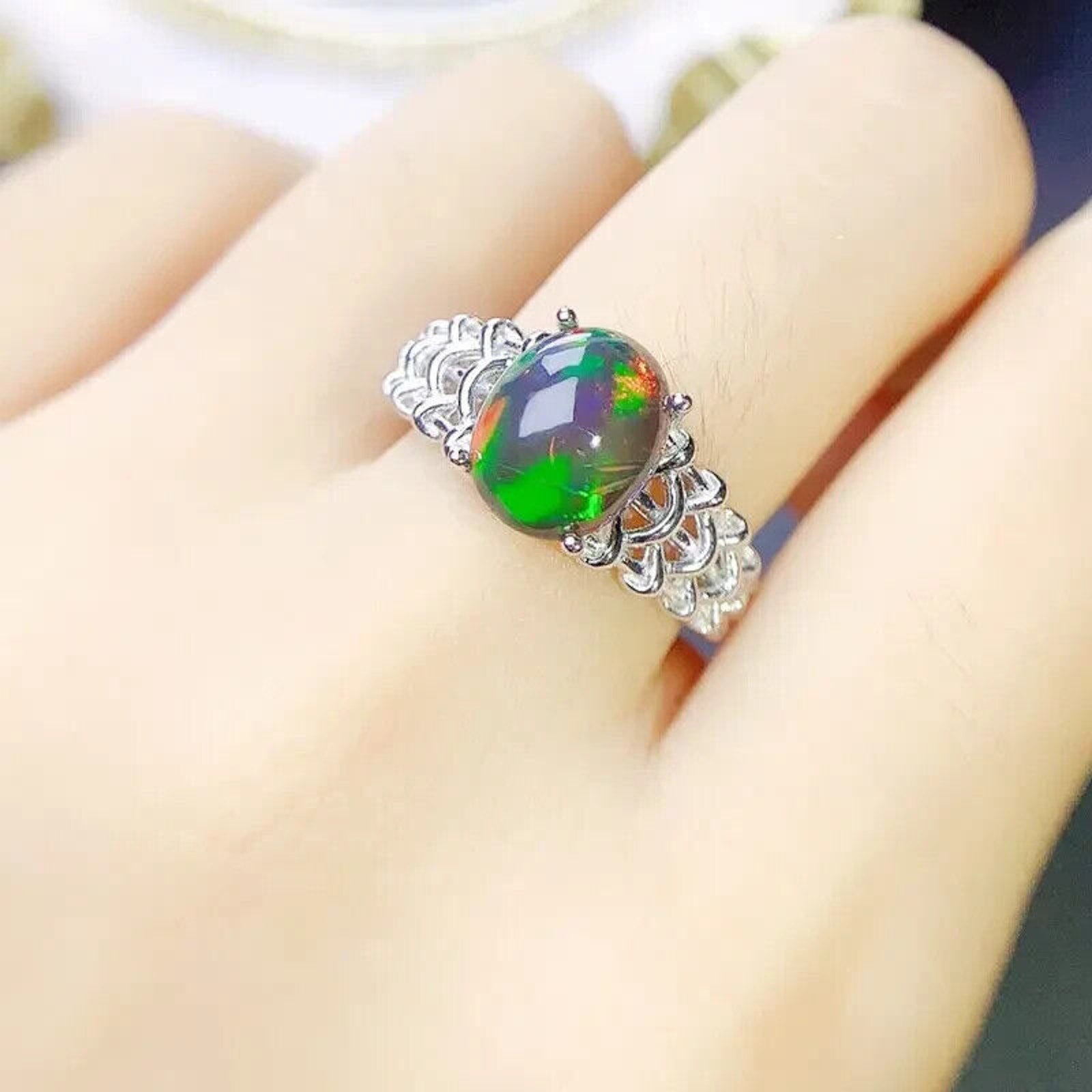 Colorful Black Fire Opal Statement Ring 8x10mm 1.7CT, Natural Fire Opal Ring