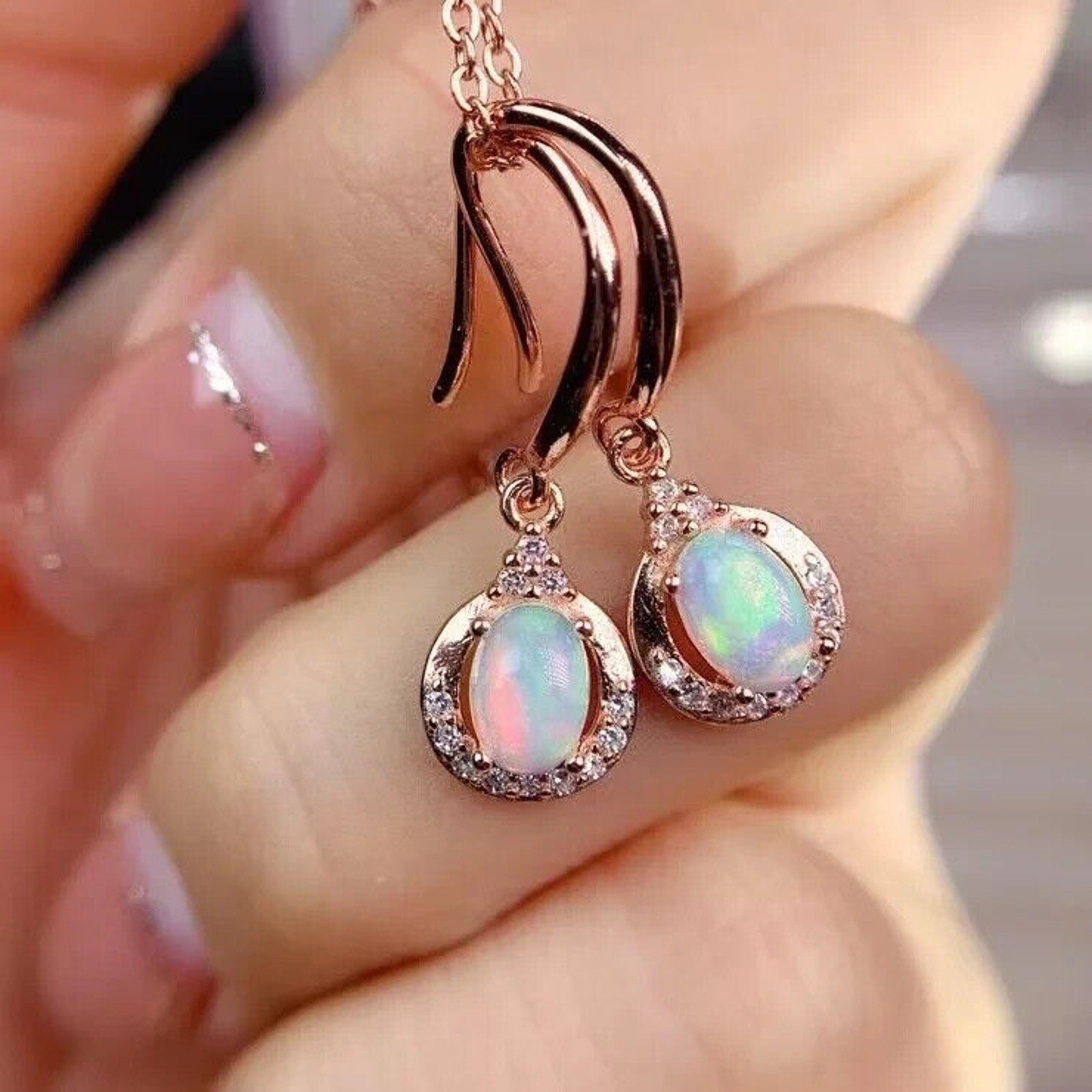 Rose Gold Fire Opal Dangle Earrings, Dainty Opal Dangle Earrings Sterling