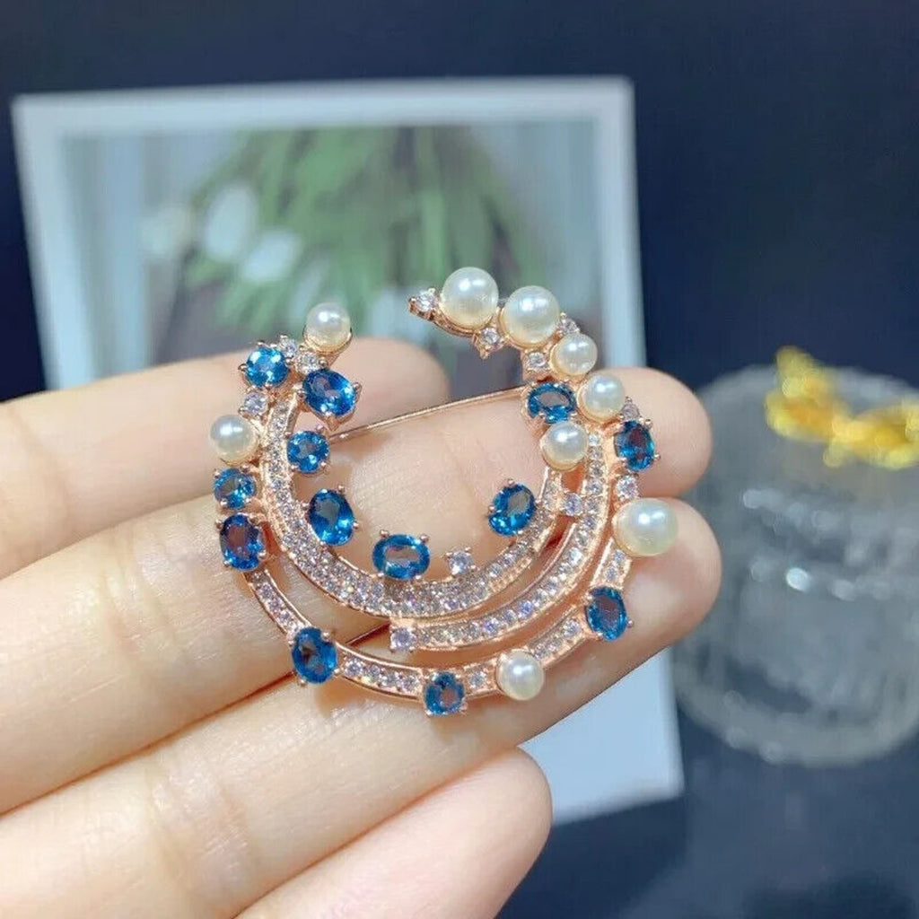 London Blue Topaz and Faux Pearl Brooch Pin, Blue Topaz Brooch Sterling Silver