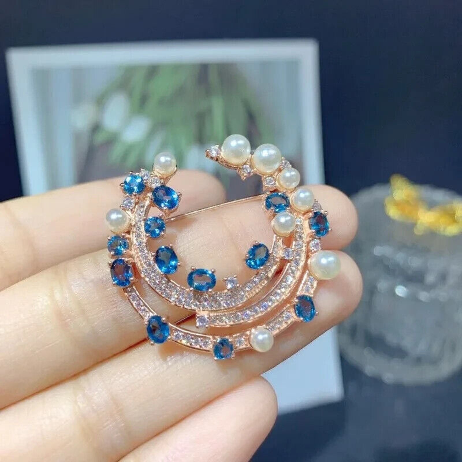 London Blue Topaz and Faux Pearl Brooch Pin, Blue Topaz Brooch Sterling Silver