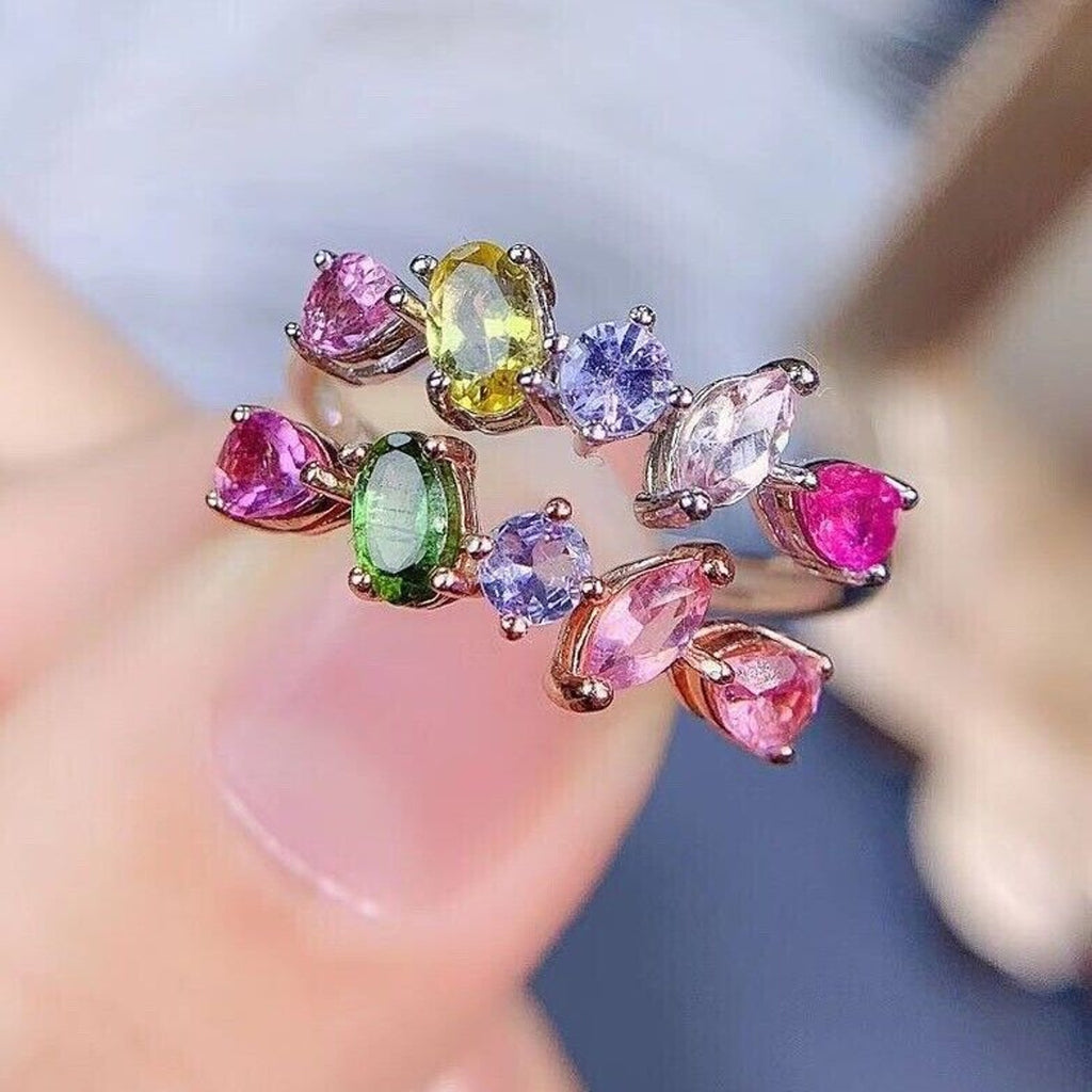 Natural Tourmaline Gemstone Band Ring, Irregular Shape Tourmaline Band Ring