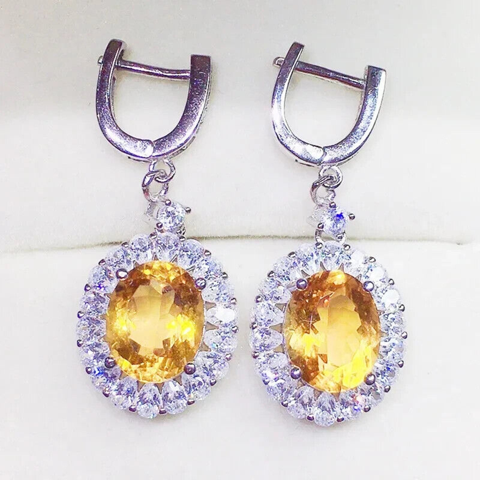 Natural Citrine Oval Cut Dangle Earrings 8x10mm, Citrine Statement Earrings