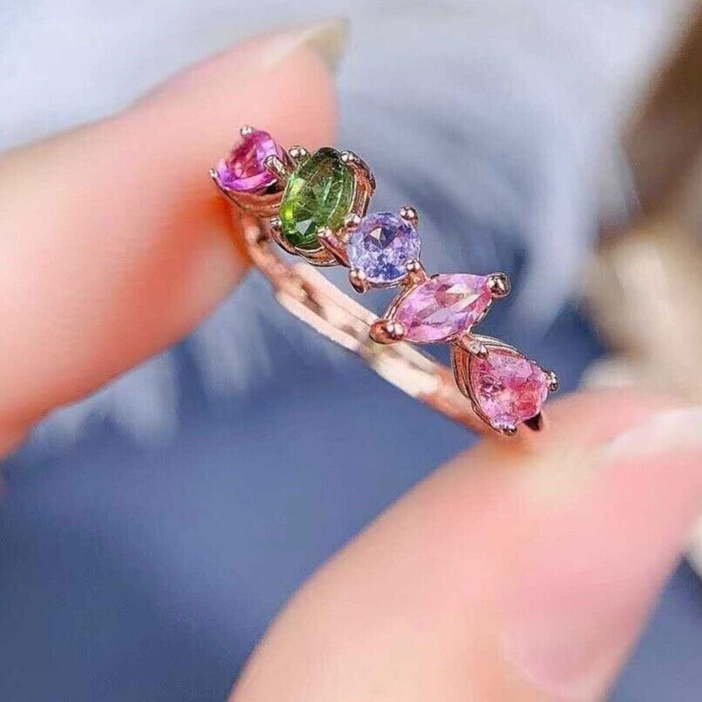 Natural Tourmaline Gemstone Band Ring, Irregular Shape Tourmaline Band Ring