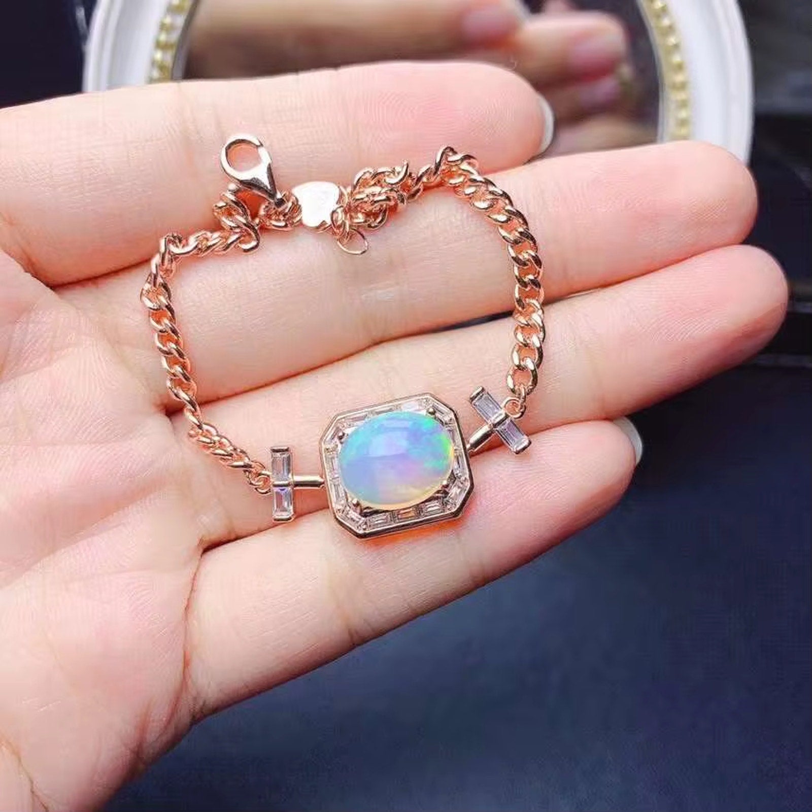 Large Fire Opal Charm Bracelet, Natural Fire Opal Bracelet 925 Sterling Silver