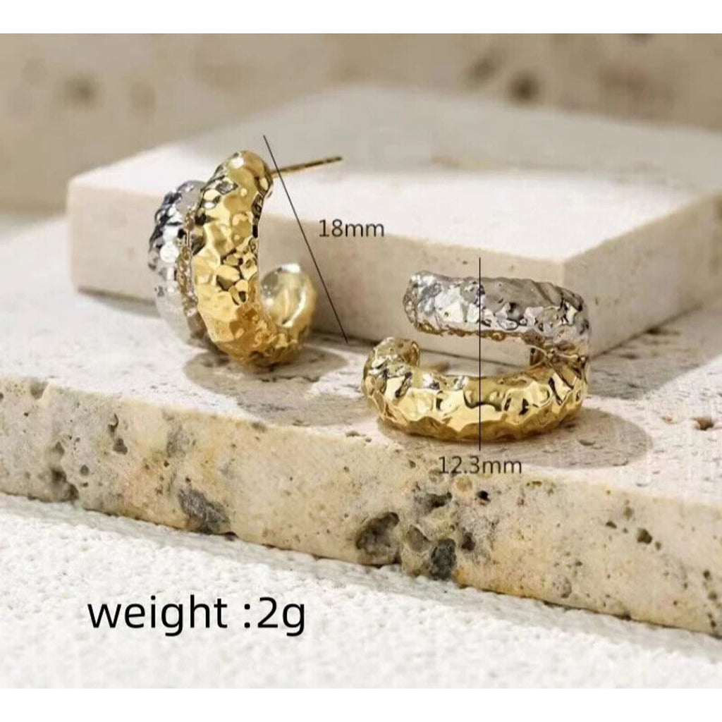 18k Yellow and White Gold Textured Cuff Earrings, Solid Gold Hoop Stud Earrings