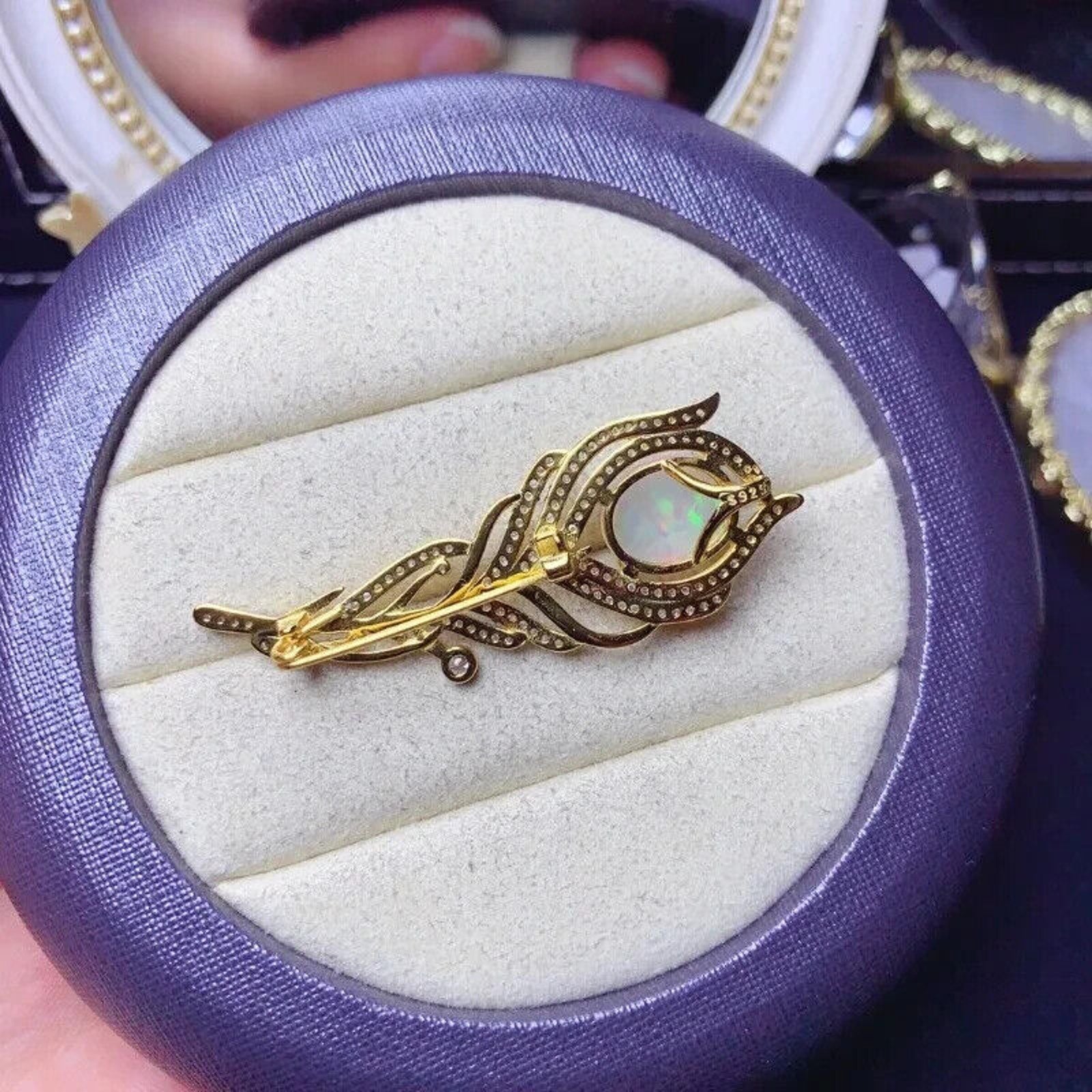 Australian Opal Feather Brooch Pin, Women's Natural Opal Brooch Sterling Silver