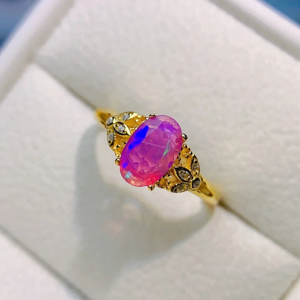 Pink Fire Opal Cluster Ring 5x8mm, Sterling Silver Natural Pink Fire Opal Ring