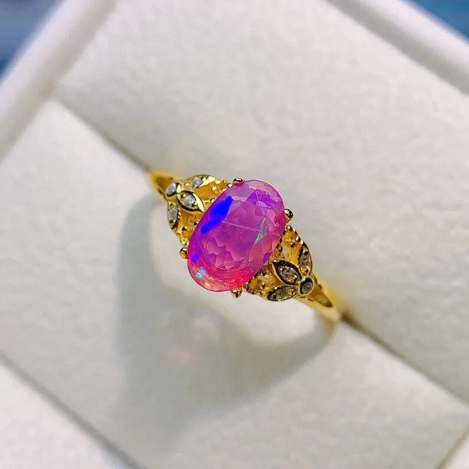 Pink Fire Opal Cluster Ring 5x8mm, Sterling Silver Natural Pink Fire Opal Ring