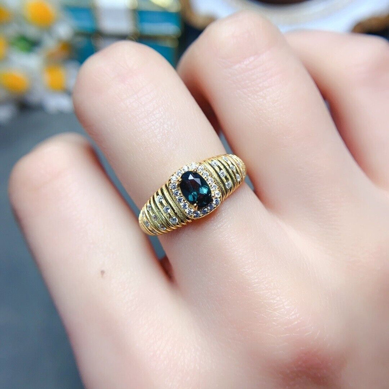 Green Tourmaline Band Ring, Natural Green Tourmaline Gemstone Ring Silver