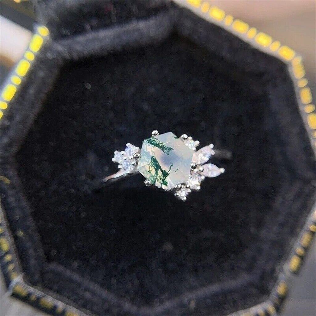 Moss Agate Gemstone Ring 925 Sterling Silver 6mm