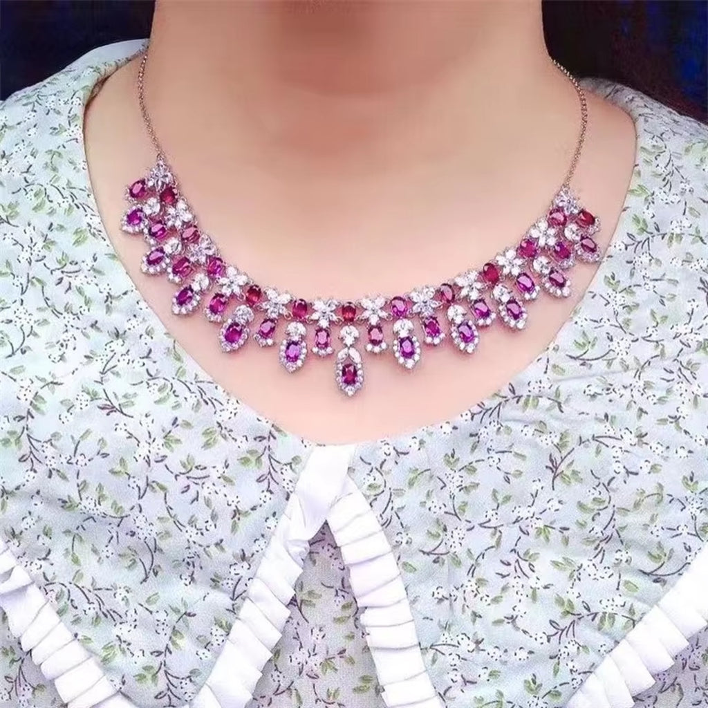 Natural Pink Garnet Statement Necklace, Gemstone Bib Necklace 925 Sterling