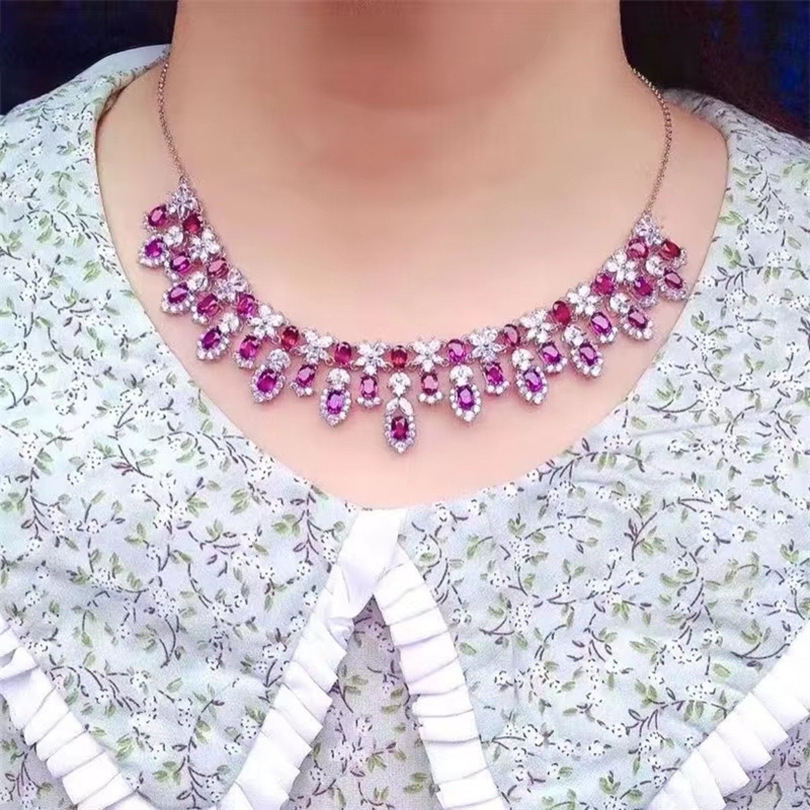 Natural Pink Garnet Statement Necklace, Gemstone Bib Necklace 925 Sterling