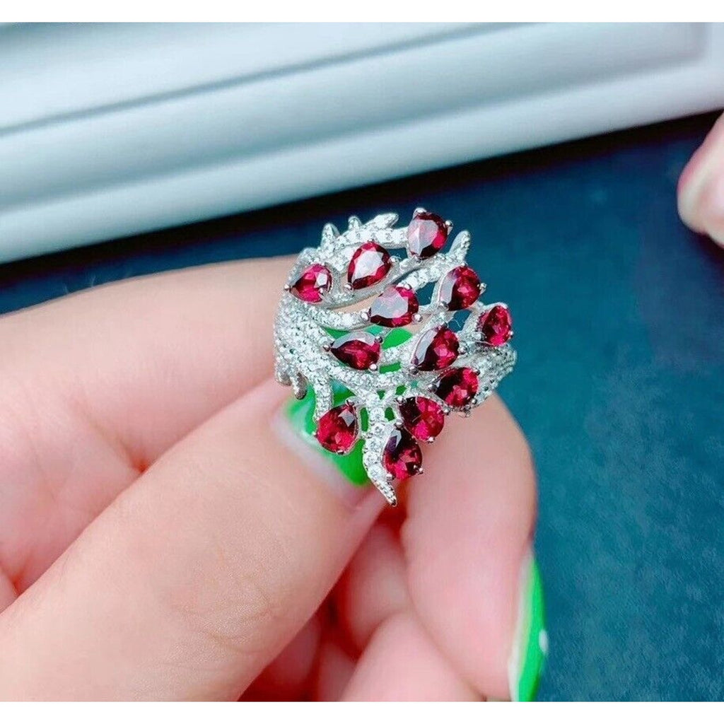 Red Garnet Full Finger Statement Ring, Natural Red Garnet Cluster Ring