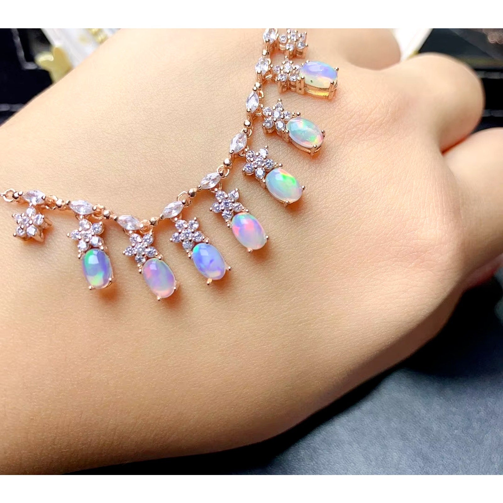 Fire Opal Charm Necklace, Natural Opal Statement Necklace 925 Sterling Silver