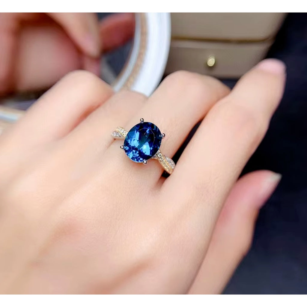 Natural London Blue Topaz Gemstone Ring 8x10mm, London Blue Topaz Ring 925