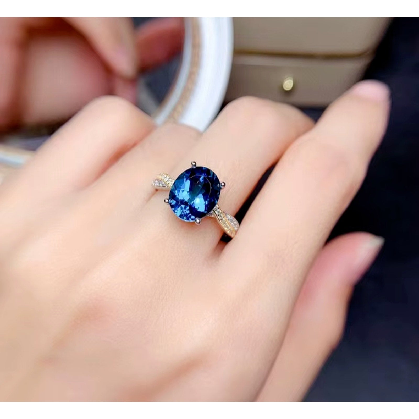 Natural London Blue Topaz Gemstone Ring 8x10mm, London Blue Topaz Ring 925