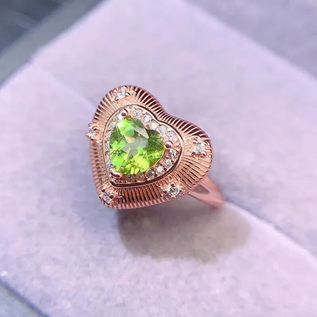 Natural Peridot Gemstone Heart Statement Ring 6mm, August Birthstone Peridot