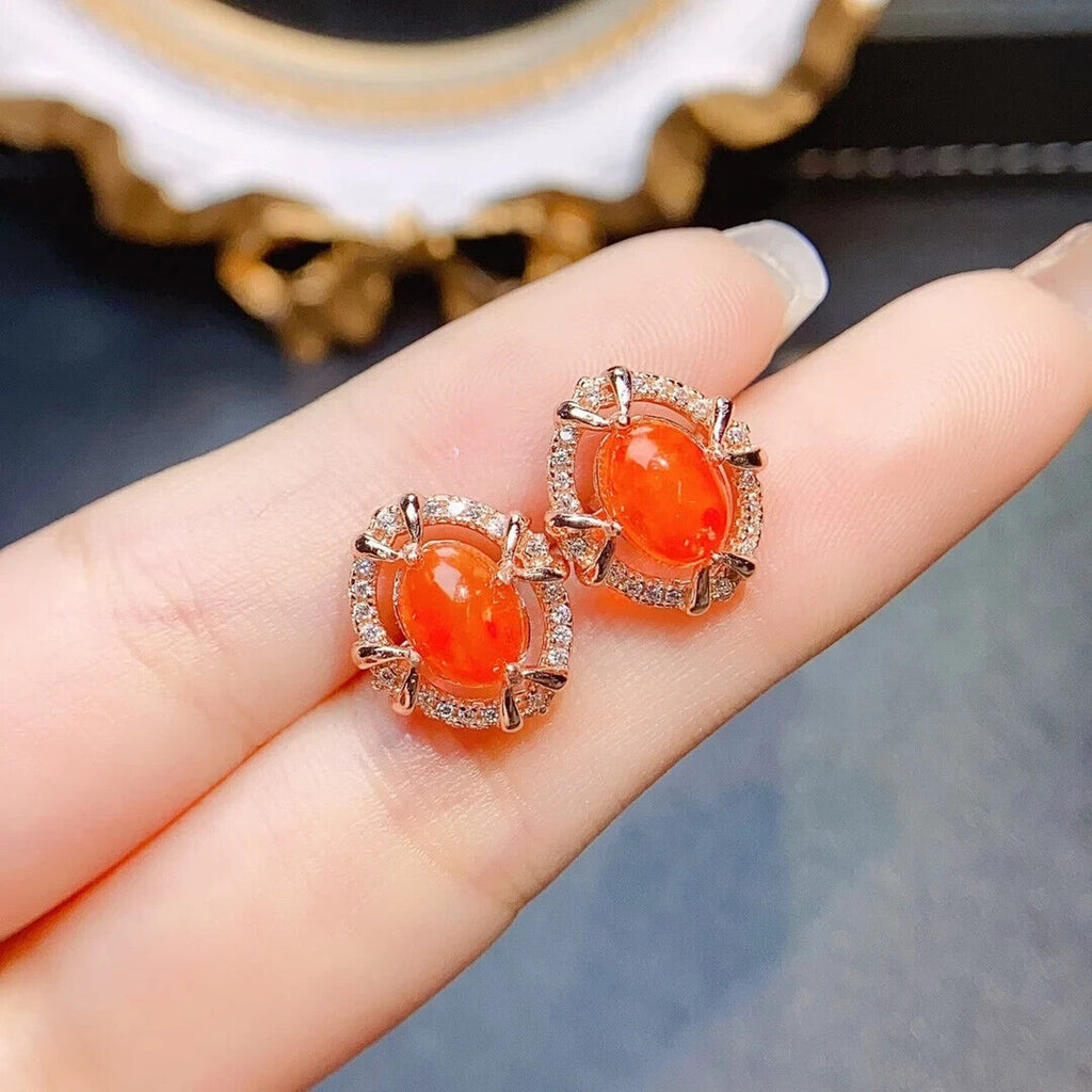 Orange Fire Opal Stud Earrings, Natural Orange Opal Stud Earrings 6x8mm