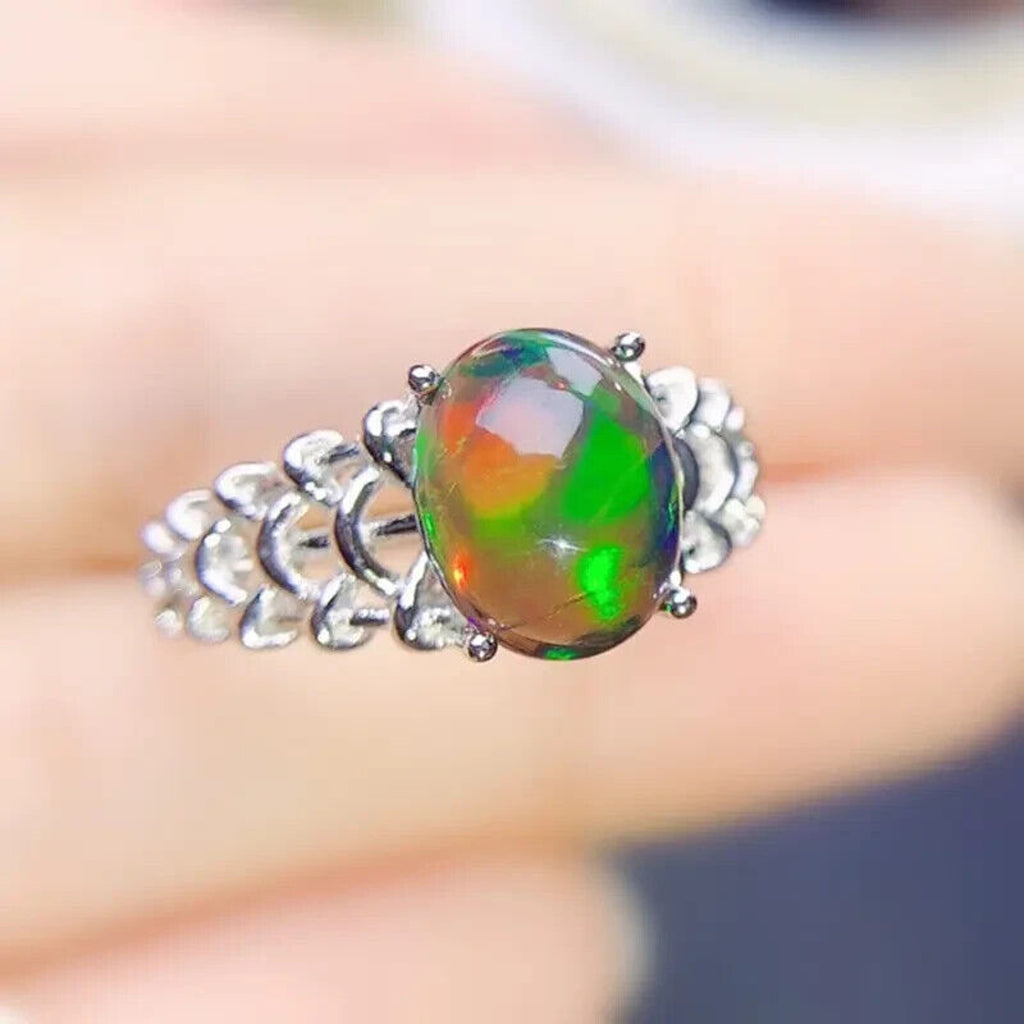 Colorful Black Fire Opal Statement Ring 8x10mm 1.7CT, Natural Fire Opal Ring
