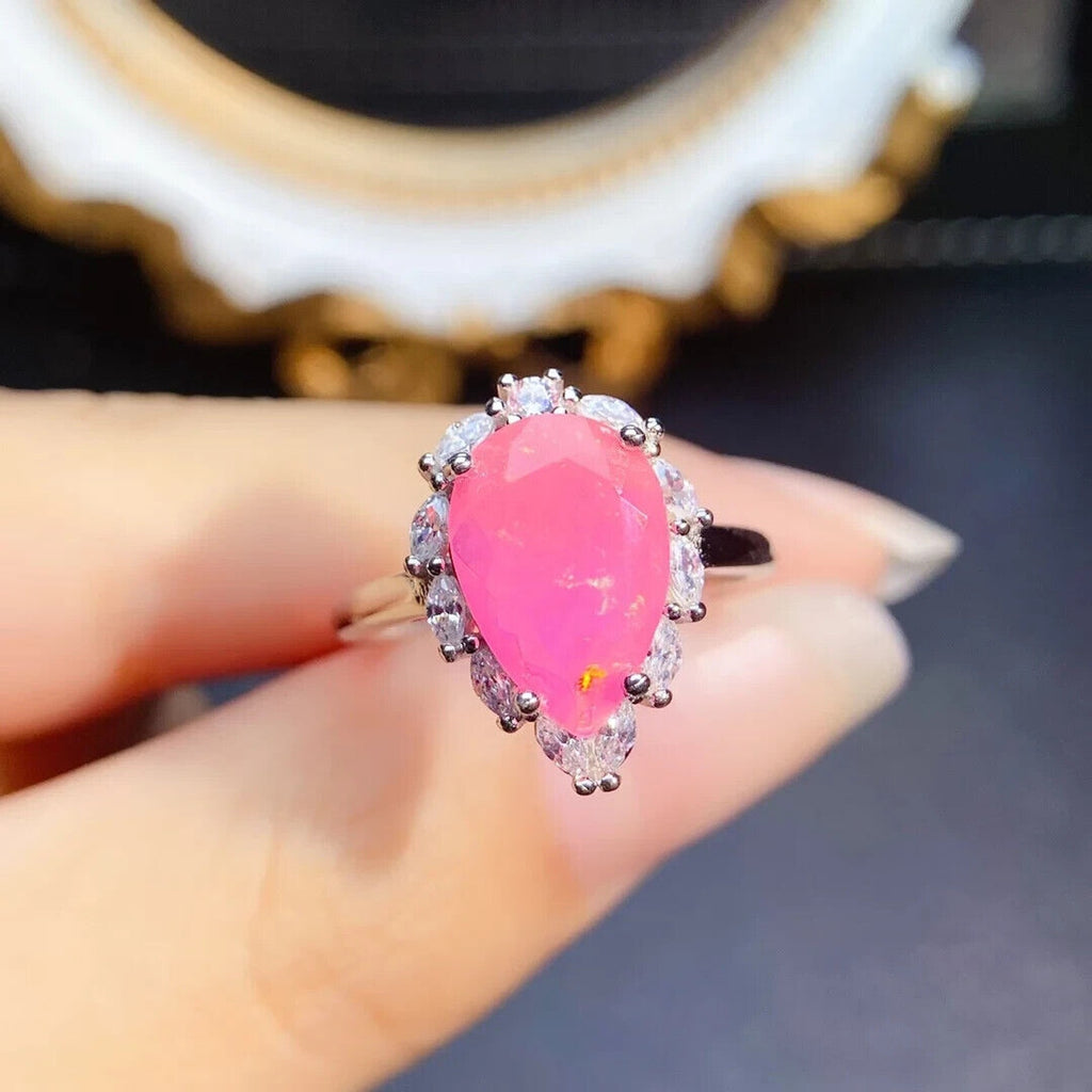 Pink Fire Opal Gemstone Ring 8x14mm, Natural Pear Cut Pink Fire Opal Ring