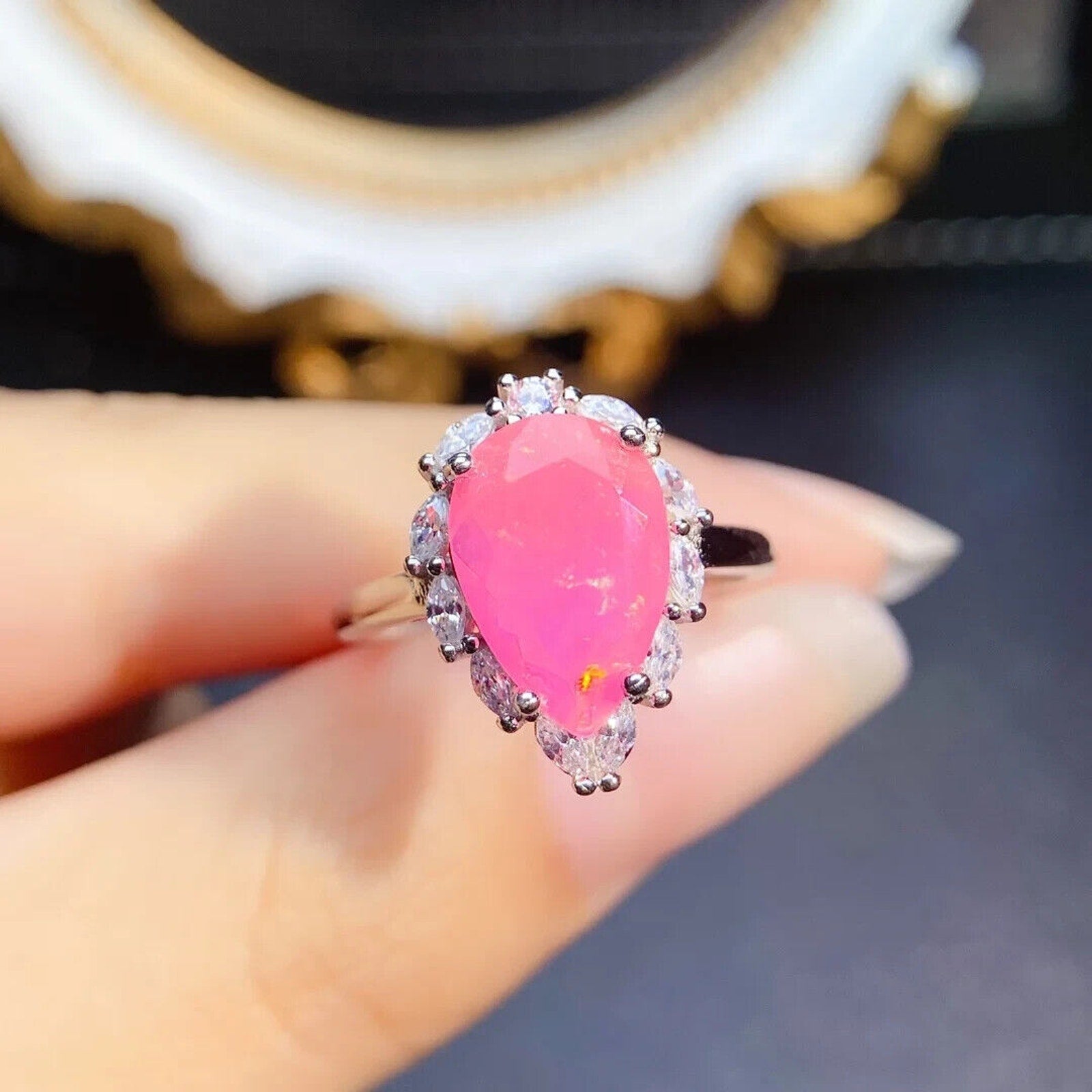 Pink Fire Opal Gemstone Ring 8x14mm, Natural Pear Cut Pink Fire Opal Ring