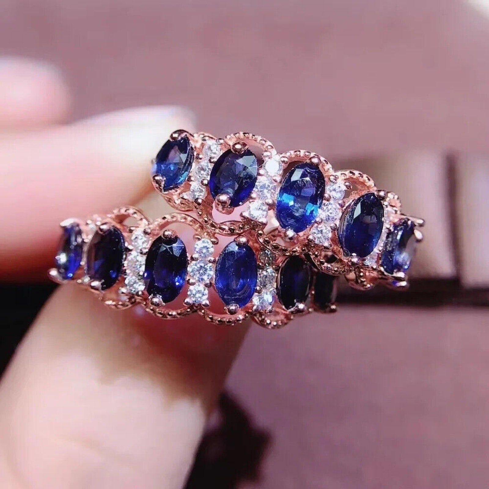 Natural Sapphire Band Ring, Sapphire Lace Ring 925 Sterling Silver 3x4mm