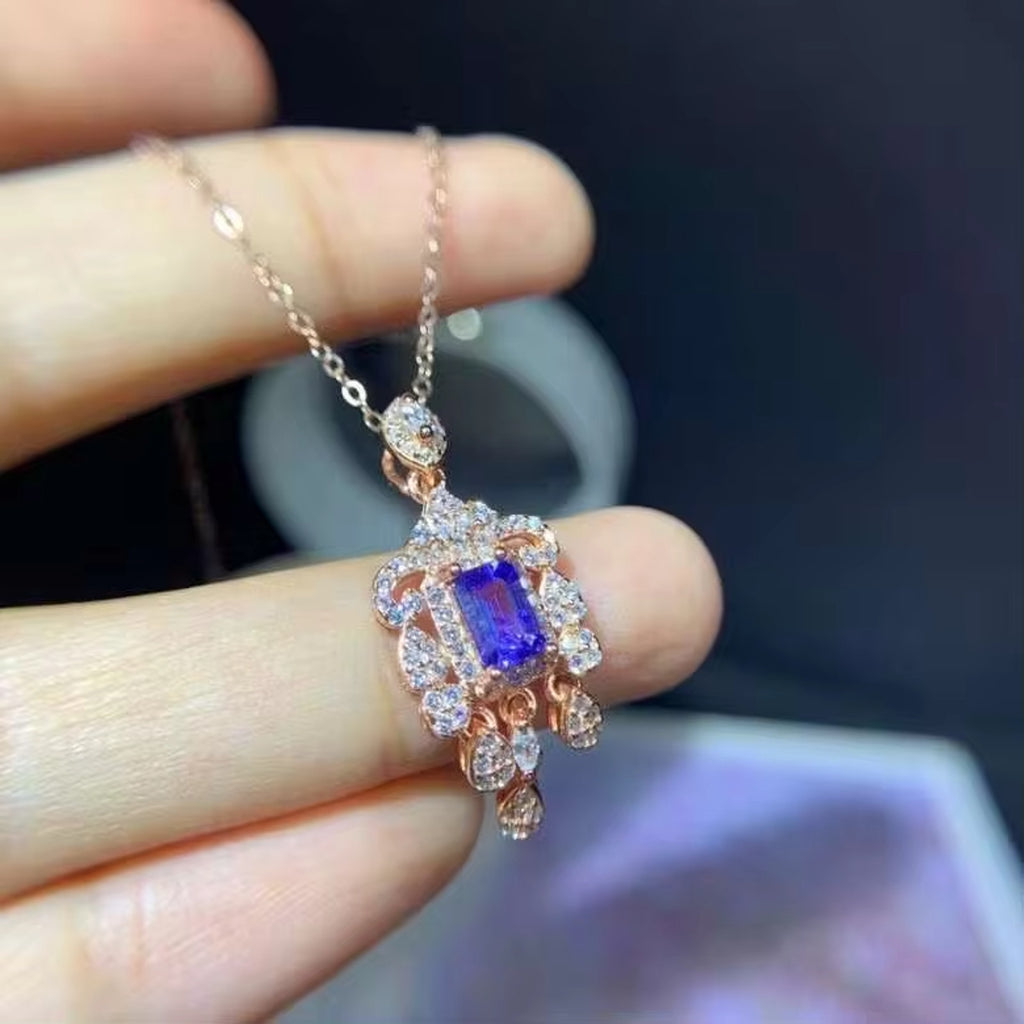 Tanzanite Pendant Necklace, Natural Purple Tanzanite Gemstone Necklace 4x6mm