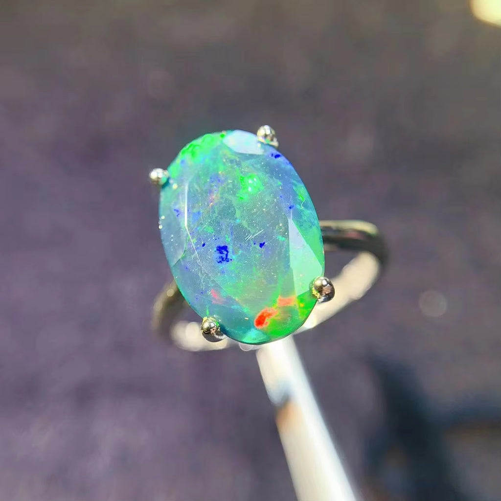 Faceted Black Opal Ring, Australian Fire Opal Statement Ring Sterling Silver