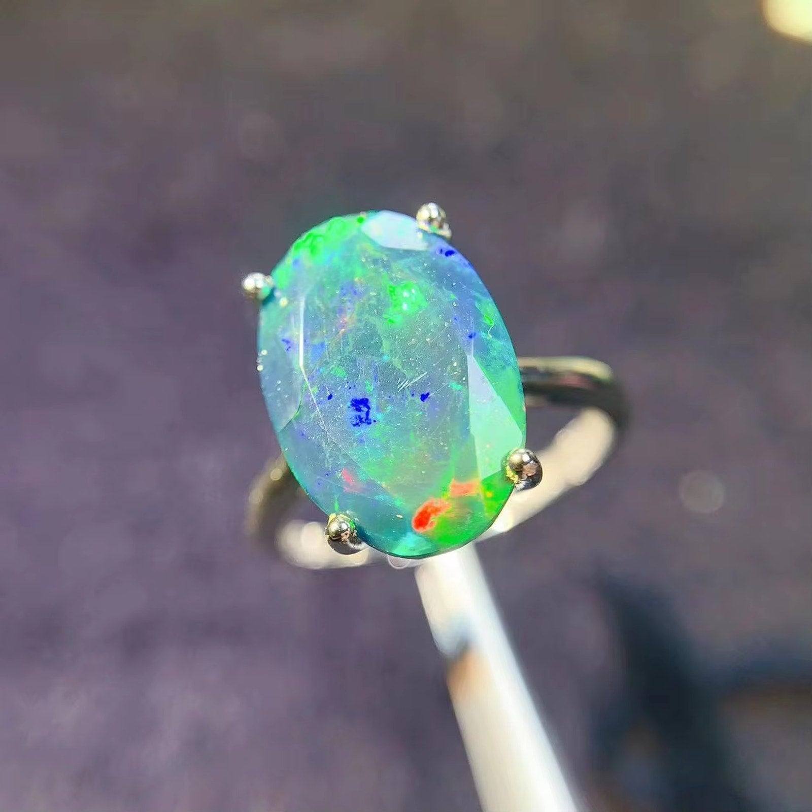 Faceted Black Opal Ring, Australian Fire Opal Statement Ring Sterling Silver