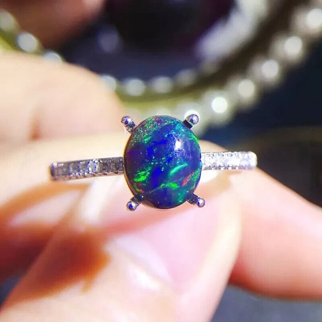 Black Fire Opal Cocktail Ring 6x8mm, Natural Fire Opal Ring 925 Sterling