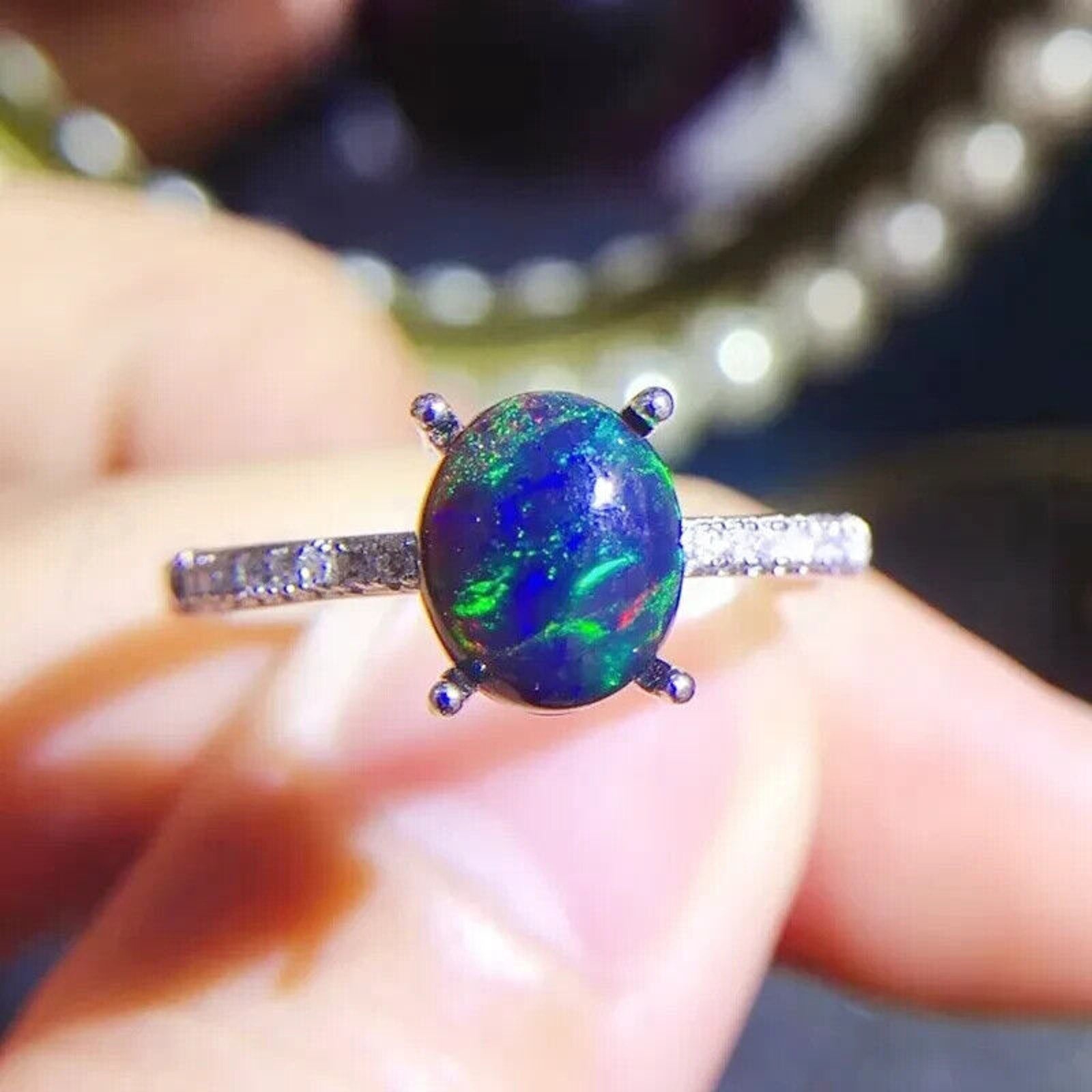 Black Fire Opal Cocktail Ring 6x8mm, Natural Fire Opal Ring 925 Sterling