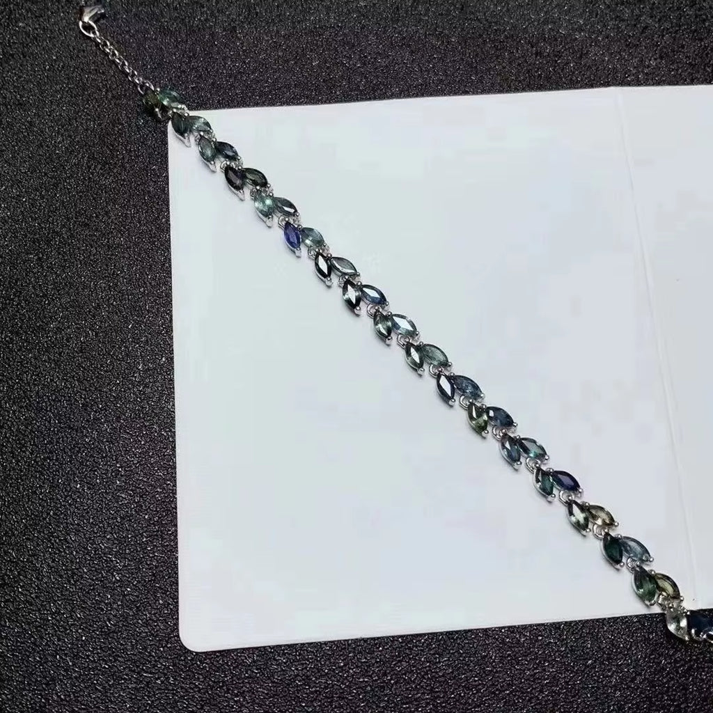 Natural Sapphire Leaf Bracelet, Blue Green Marquise Cut Sapphire Bracelet