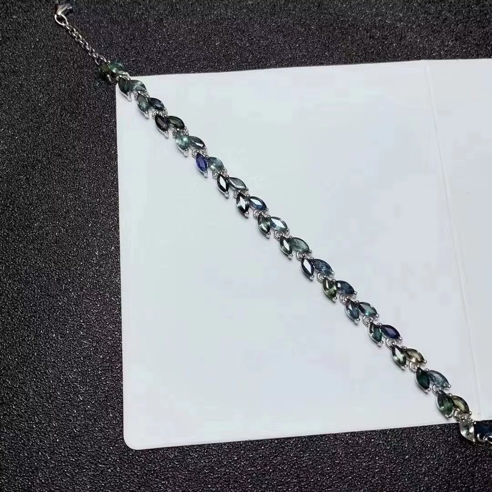 Natural Sapphire Leaf Bracelet, Blue Green Marquise Cut Sapphire Bracelet