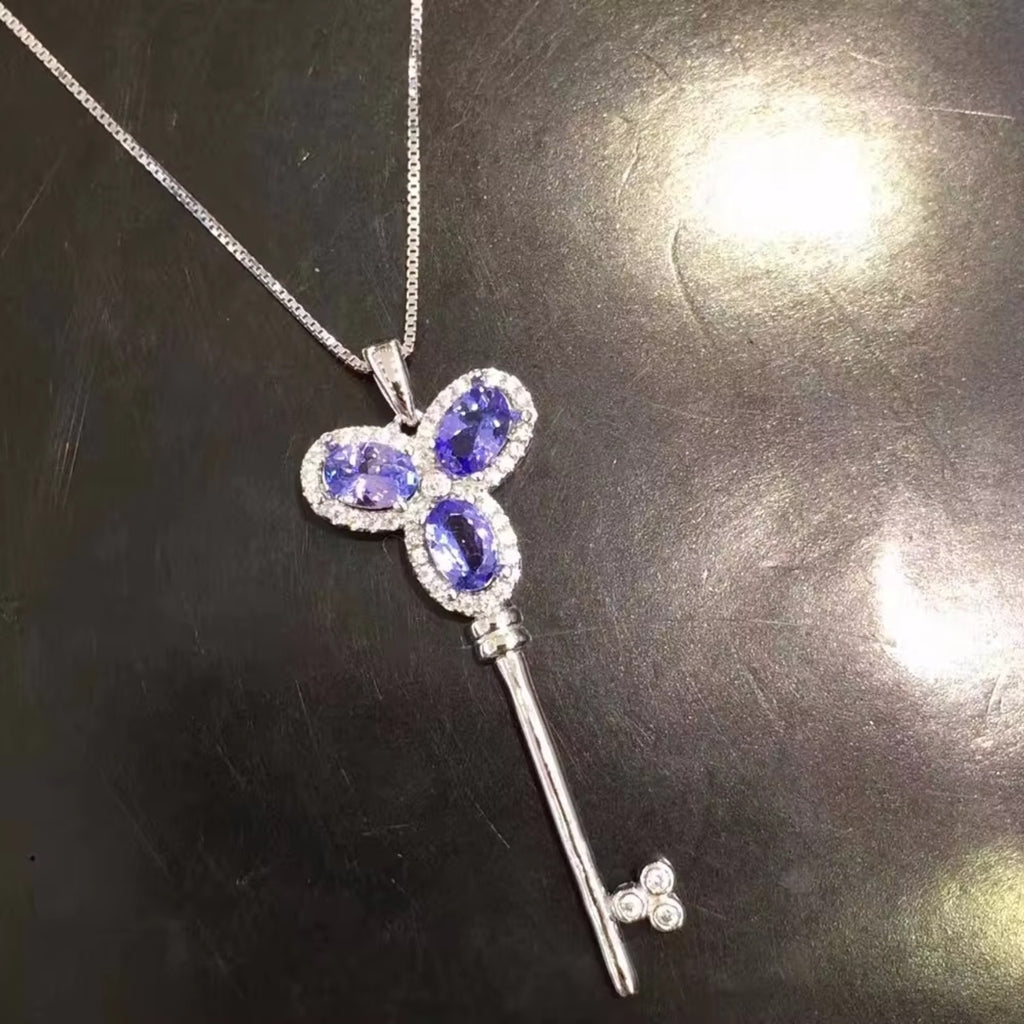 Purple Tanzanite Key Pendant Necklace, Natural Tanzanite Necklace For Women