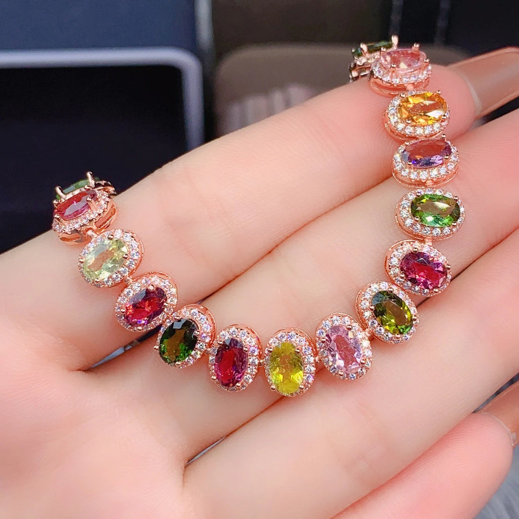 Watermelon Tourmaline 925 Sterling Silver Bracelet, Tourmaline Bracelet CZ