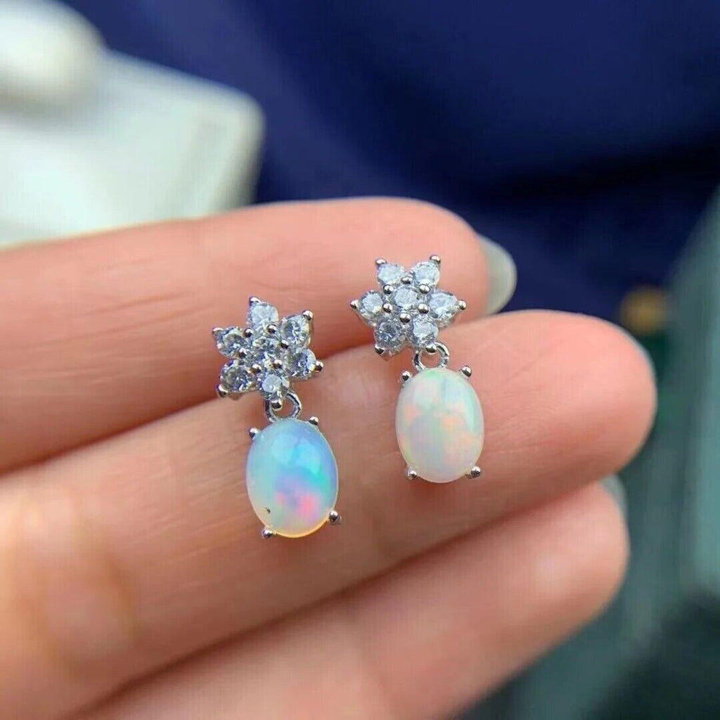 Dangle Earrings Opal, Opal Gemstone Silver, Natural Opal Earring 6x8mm