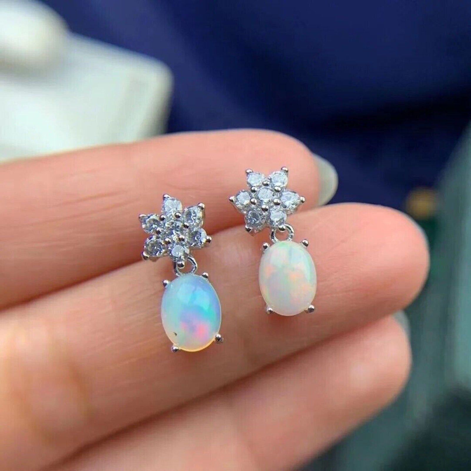 Dangle Earrings Opal, Opal Gemstone Silver, Natural Opal Earring 6x8mm