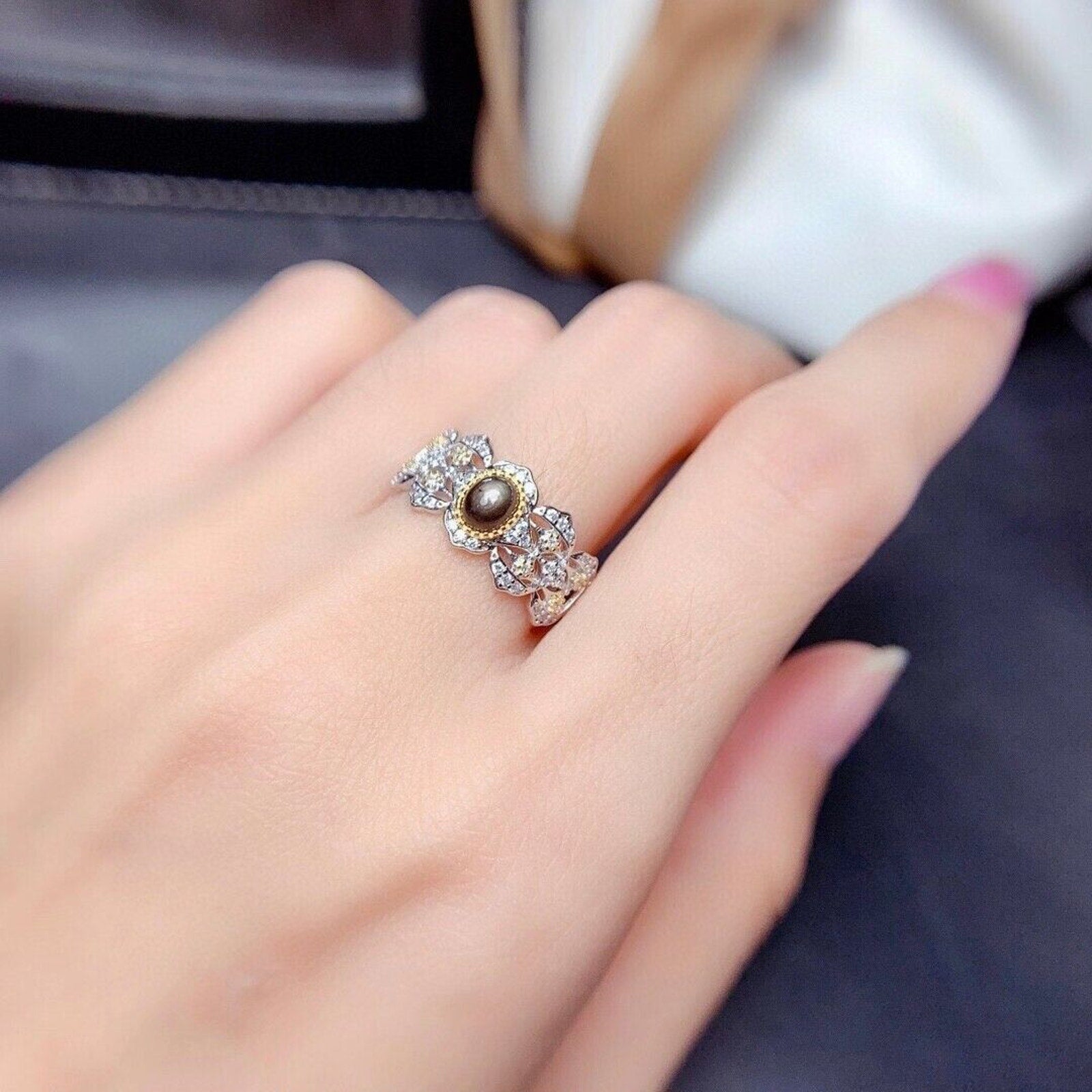 Natural Gray Star Sapphire Princess Ring, 4x5mm Star Sapphire Ring Platinum