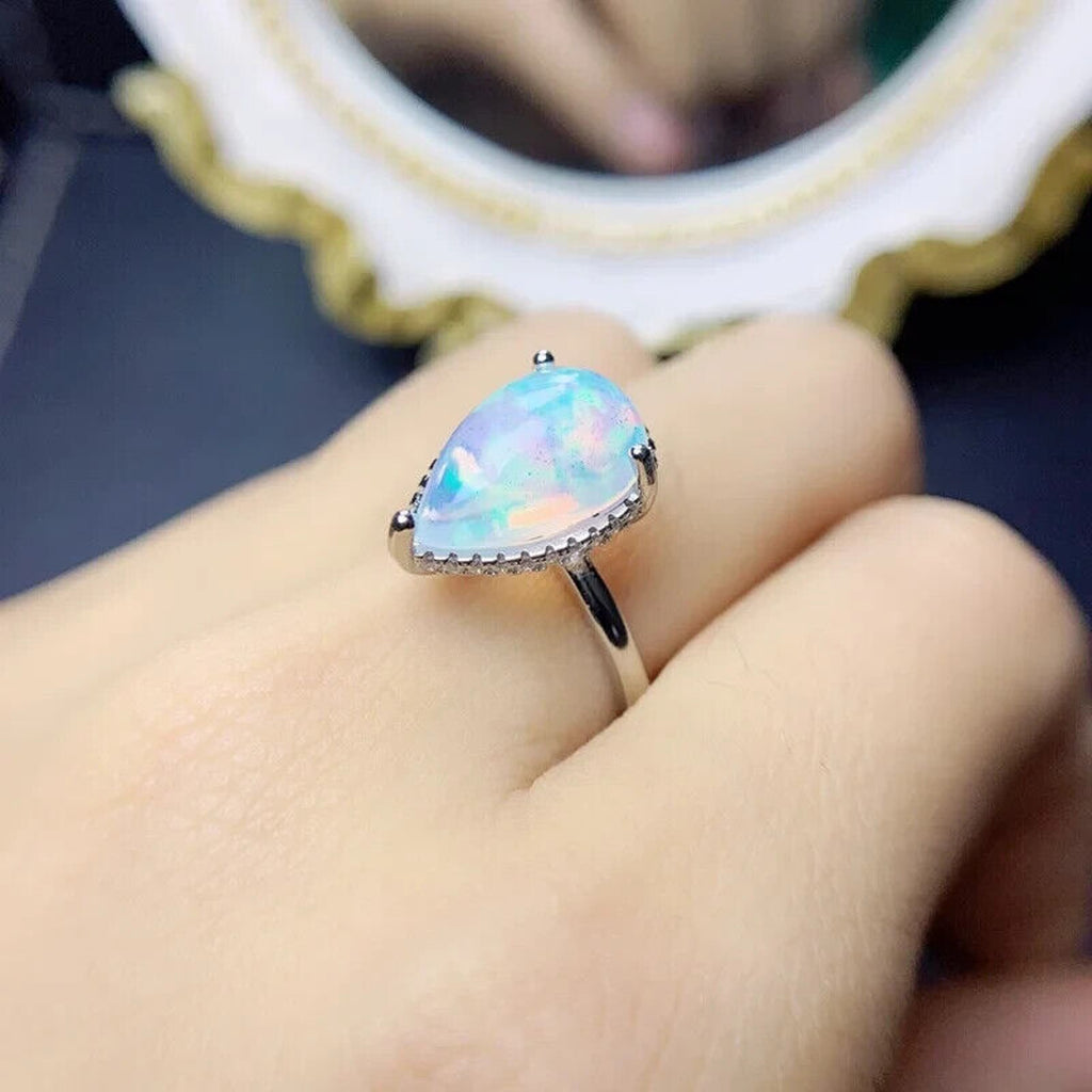 Pear Cut Fire Opal Gemstone Ring, Natural Fire Opal Statement Ring 8x12mm 1.4CT
