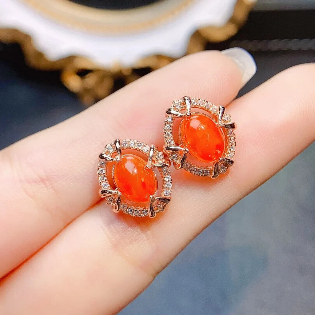 Orange Fire Opal Stud Earrings, Natural Orange Opal Stud Earrings 6x8mm
