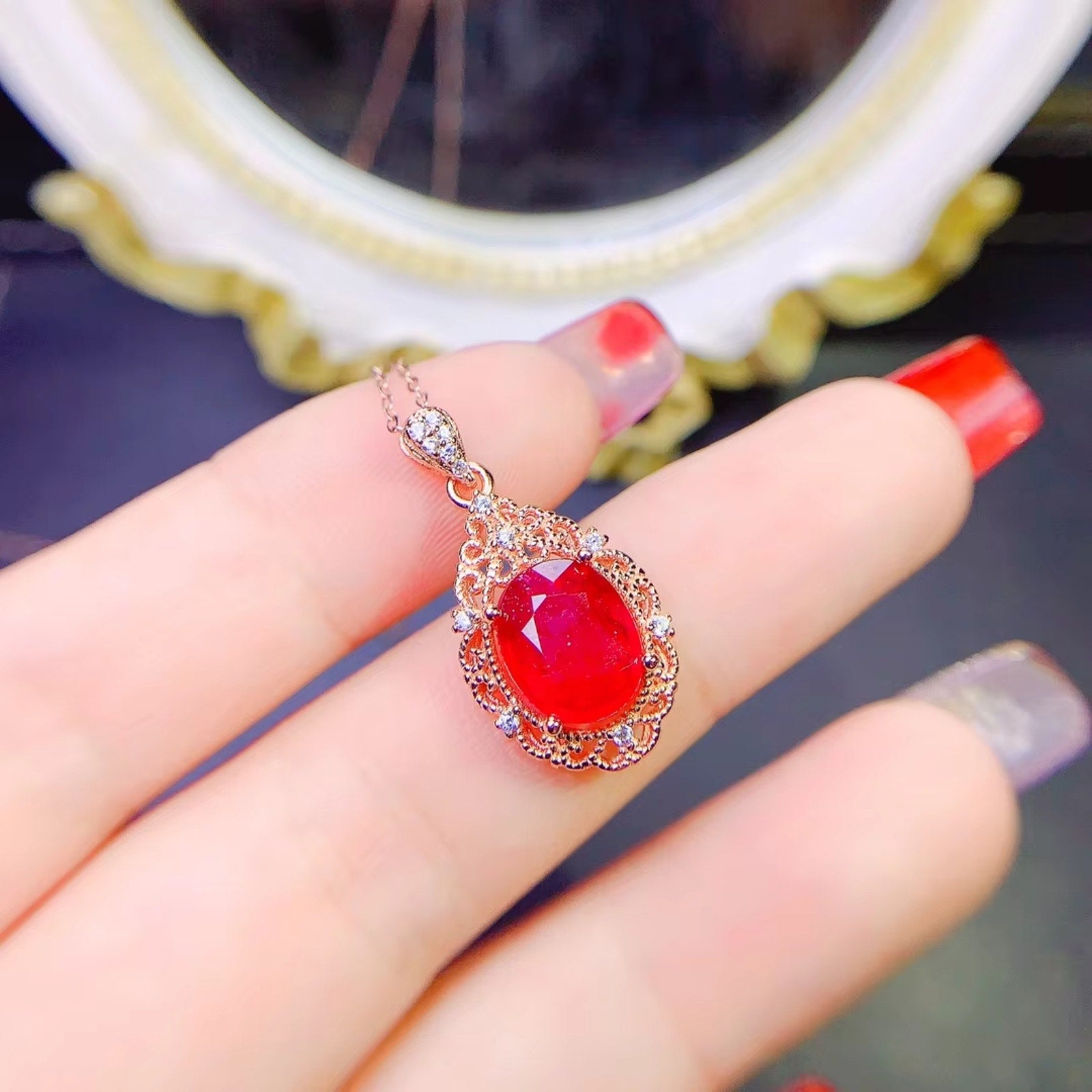 Ruby Pendant Necklace, Natural Ruby Necklace 925 Sterling Silver, Genuine Ruby