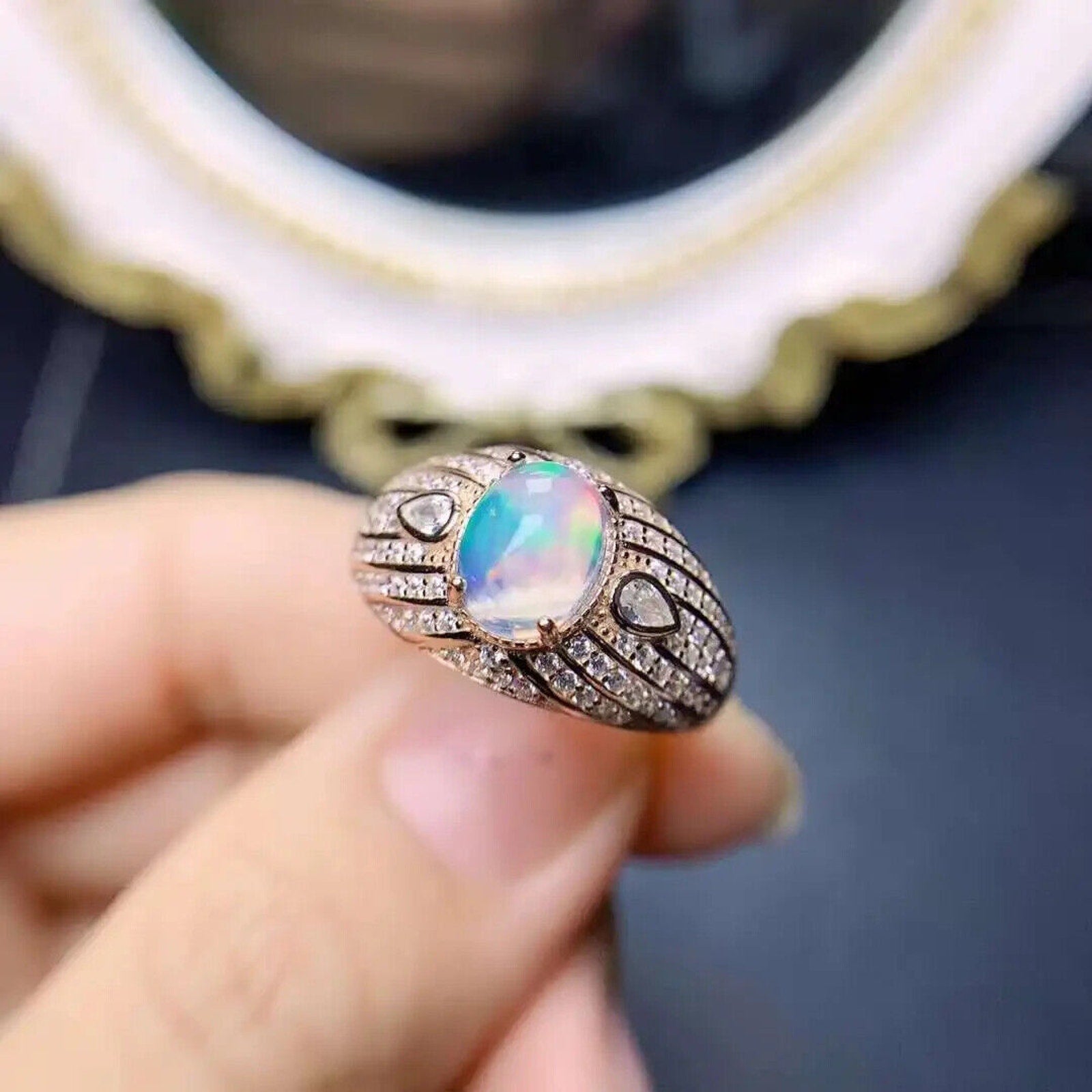 Natural White Opal Cocktail Ring, Women's Wide Band Opal Ring Sterling Silver