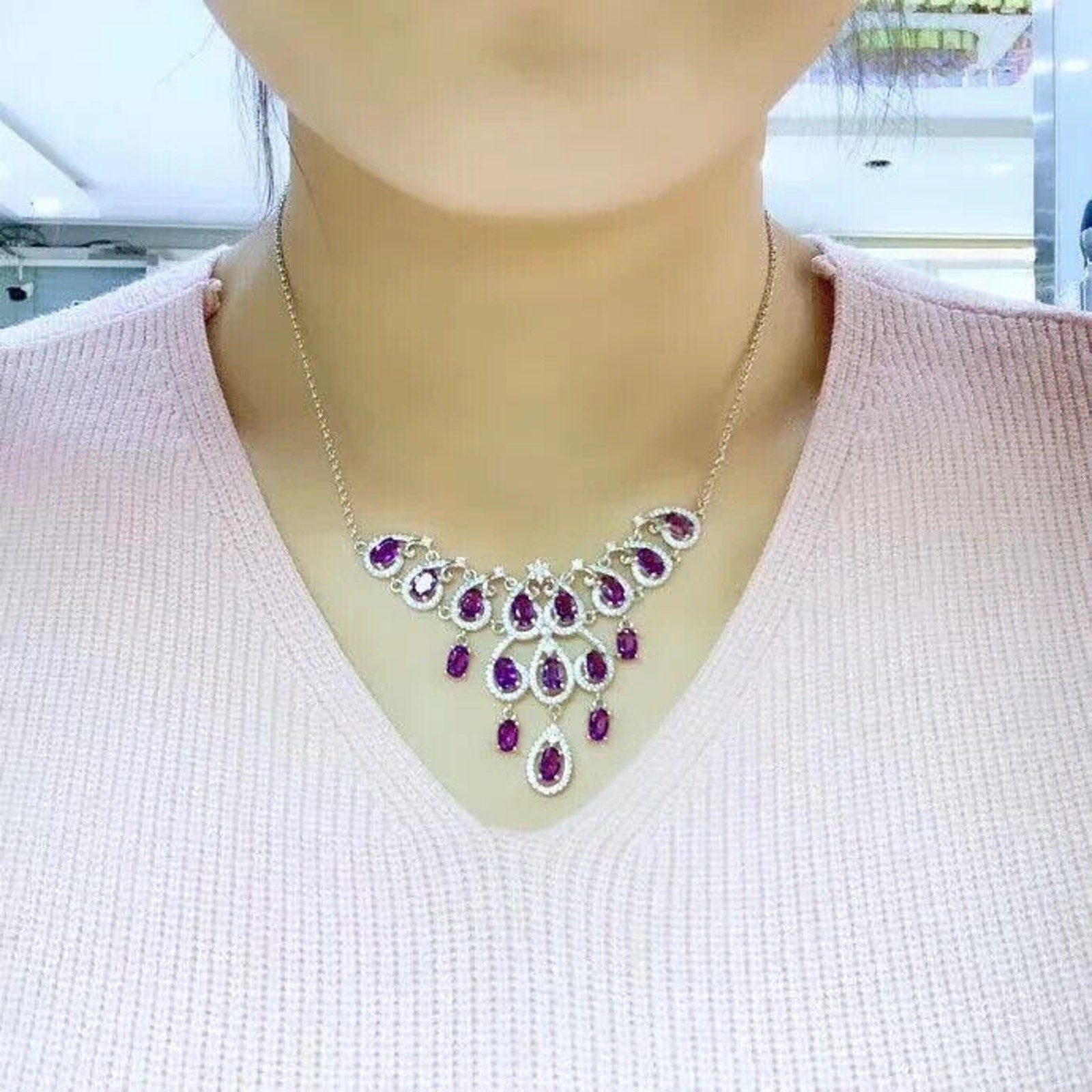 Amethyst Statement Necklace, Natural Amethyst Gemstone Necklace 925 Sterling