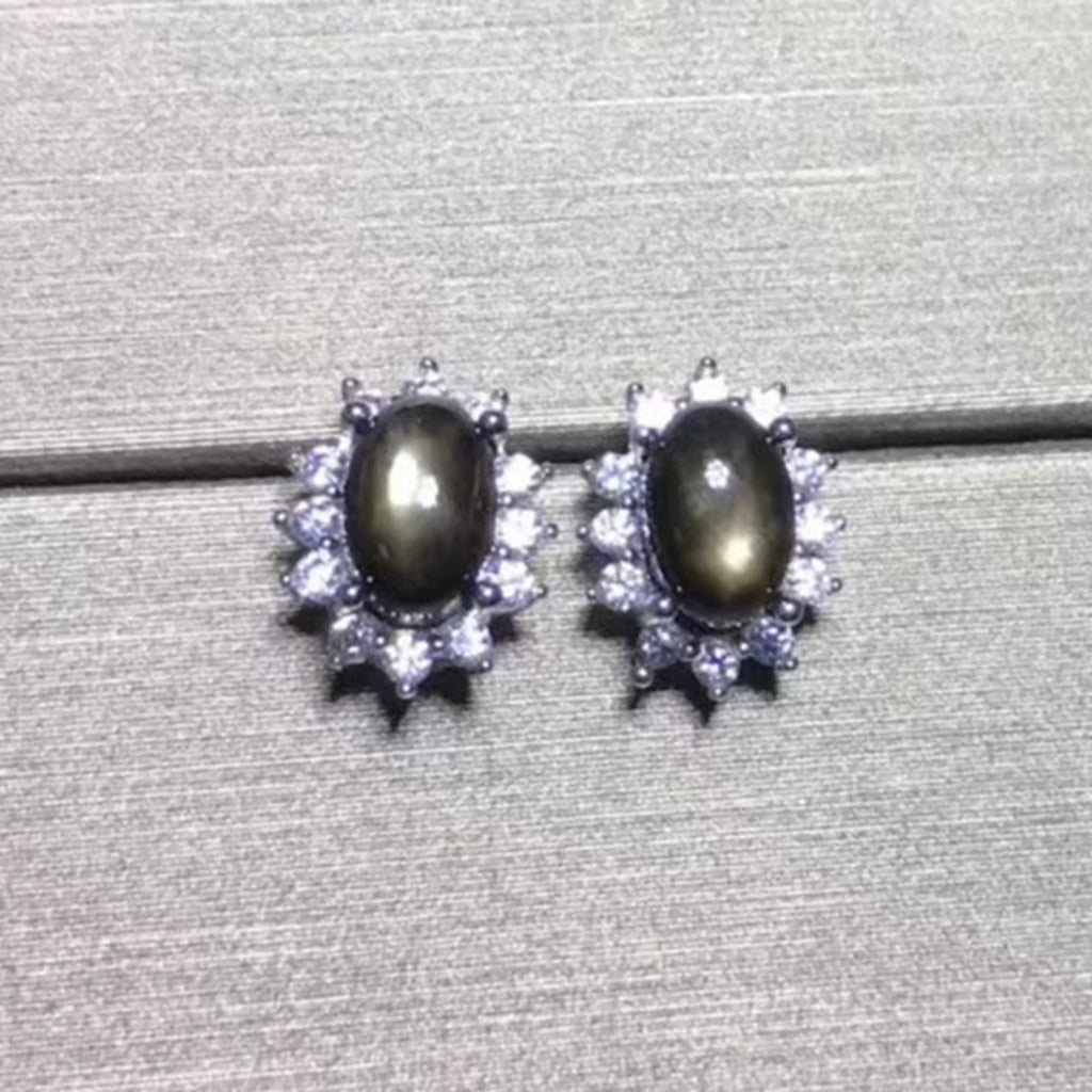 Natural Star Sapphire Earrings 925 Sterling Silver, Gray Star Sapphire Earrings