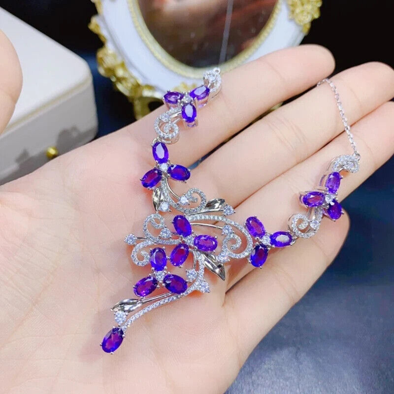 Purple Amethyst Statement Necklace, Amethyst Gemstone Necklace Sterling Silver