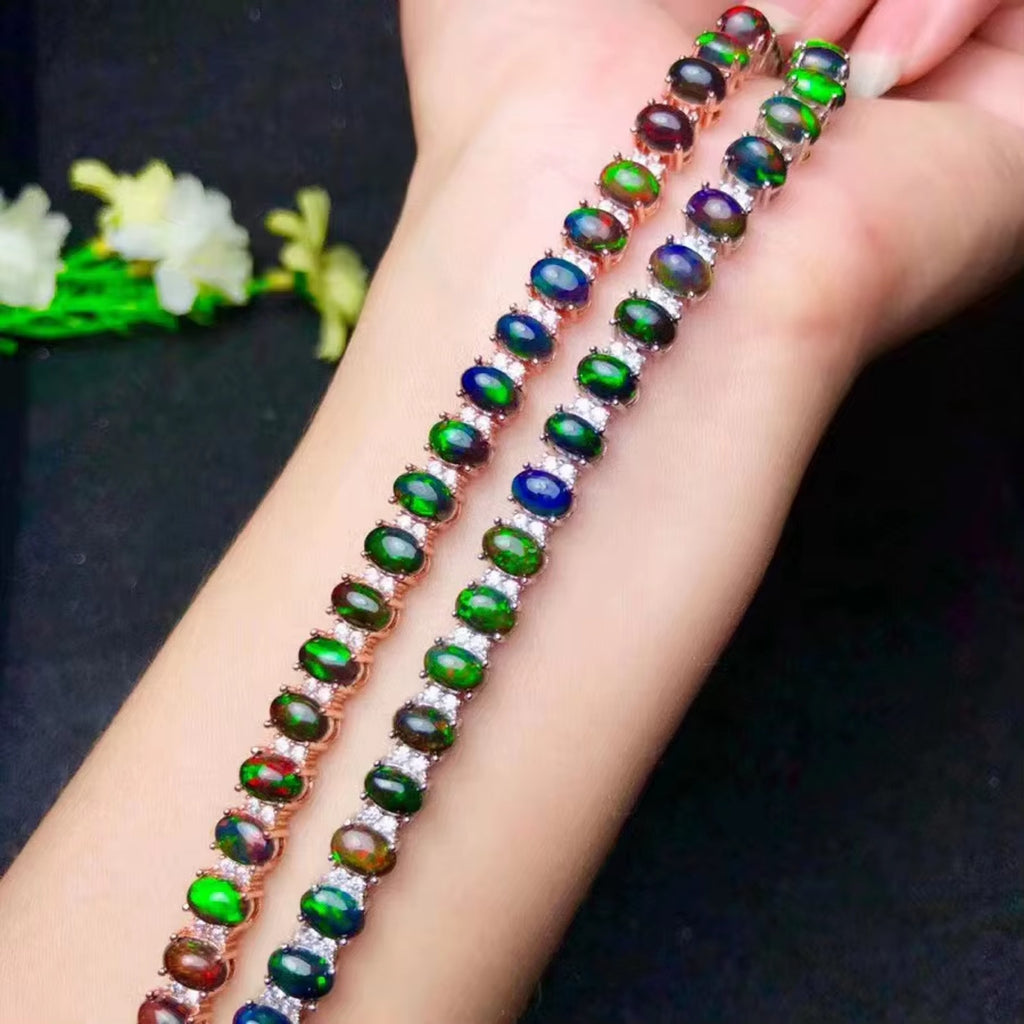 Natural Fire Opal Tennis Bracelet, Colorful Black Opal Bracelet 925 Sterling